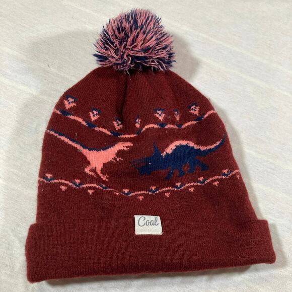 Coal Kids OS Red Dinosaur Winter Beanie Hat Pompom Ski Snowboard Outdoors Maroon - Picture 2 of 9